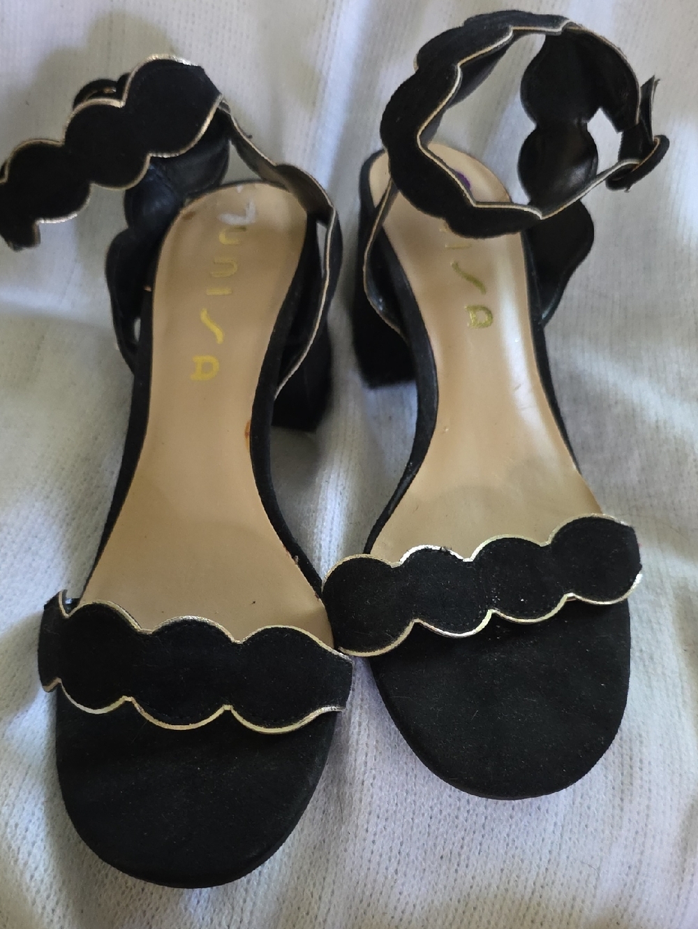Unisa Black Scalloped Ankle Strap Block Heels with Gold Trim   8.5